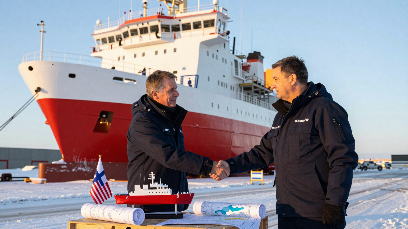 Dois homens de casaco preto apertam as mãos em frente a um grande navio vermelho e branco no porto nevado.