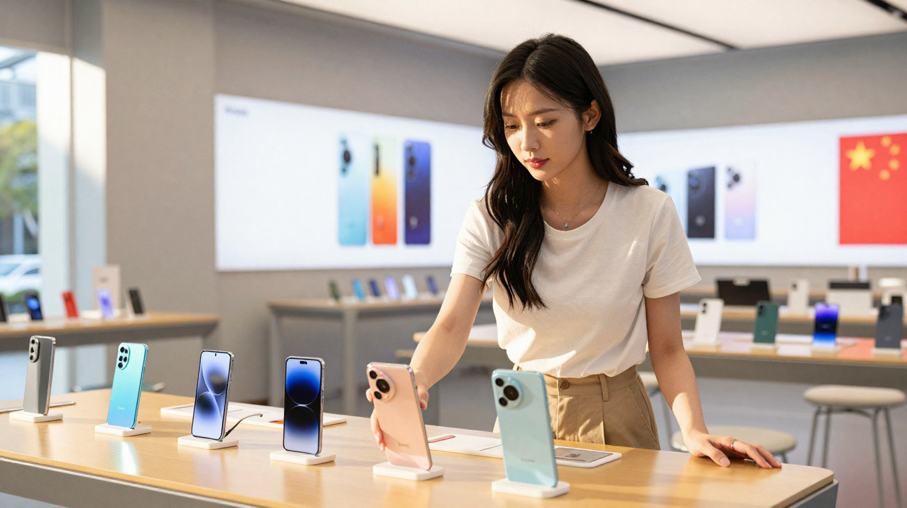 Mulher em loja tecnológica manuseando smartphone em mesa com vários modelos expostos ao fundo.