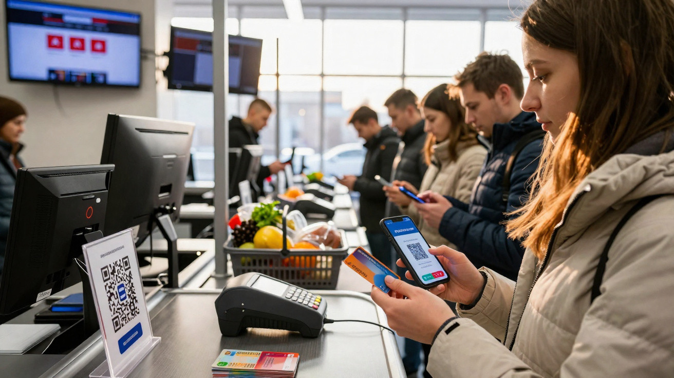 Pessoas em fila no caixa do supermercado usando cartão e celular para pagamento digital.