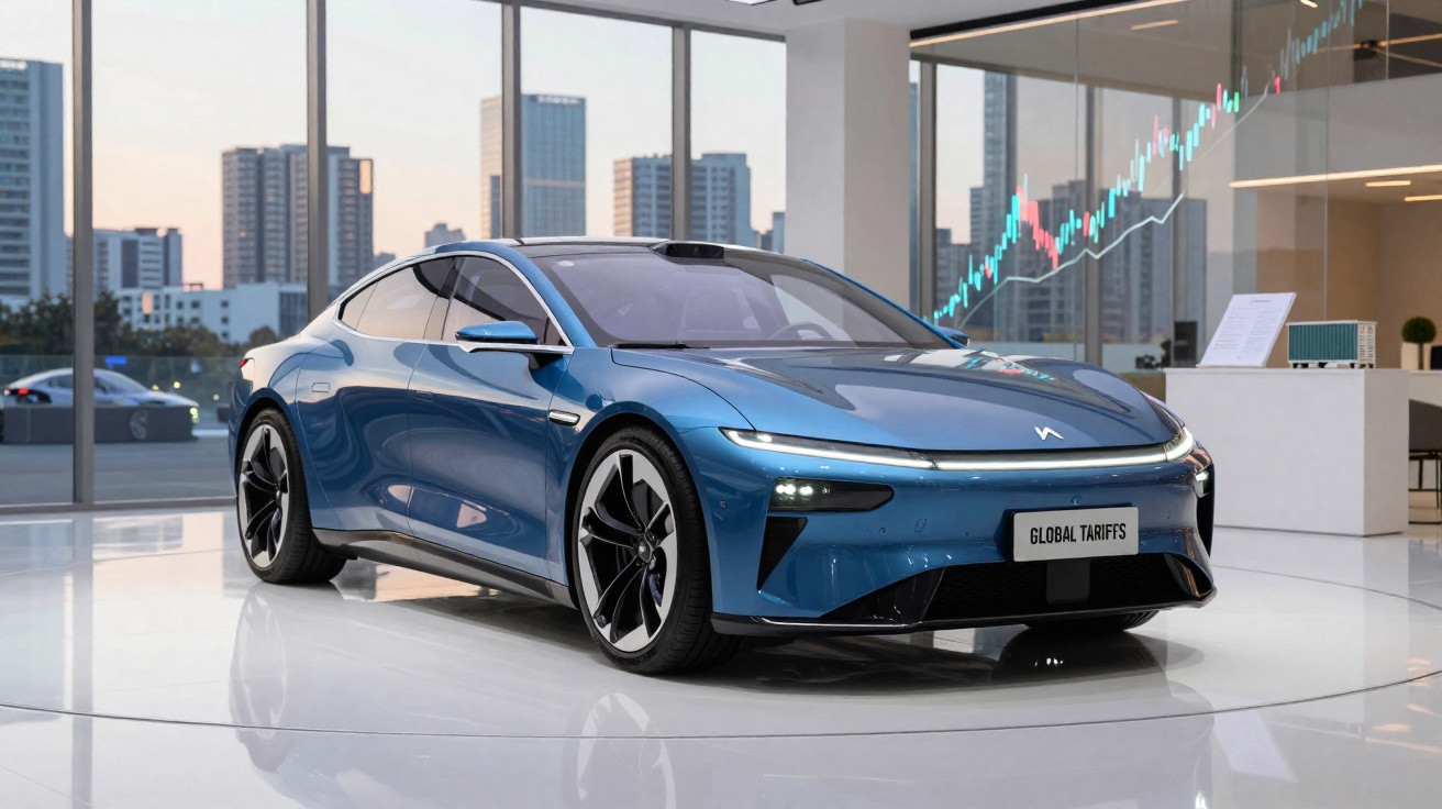 Carro elétrico azul em exposição com prédios ao fundo e gráfico de crescimento na janela.