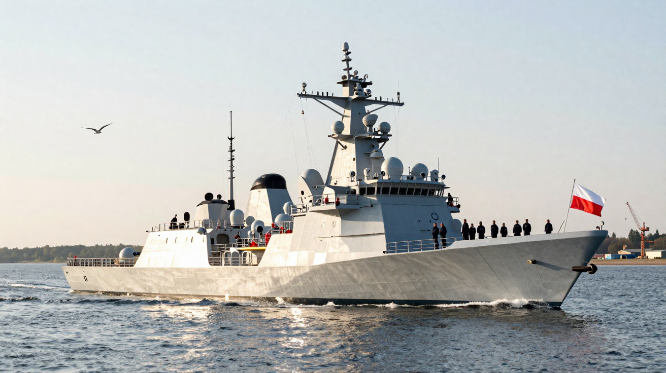 Navio de guerra cinza com tripulação na proa e bandeira polonesa navegando em águas calmas.