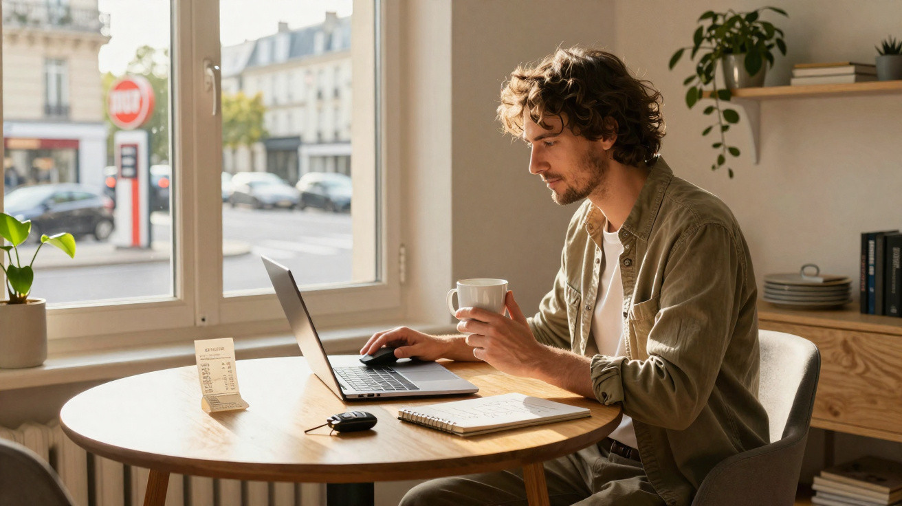 Homem jovem sentado à mesa usando laptop e segurando uma caneca, com caderno e chave no local.