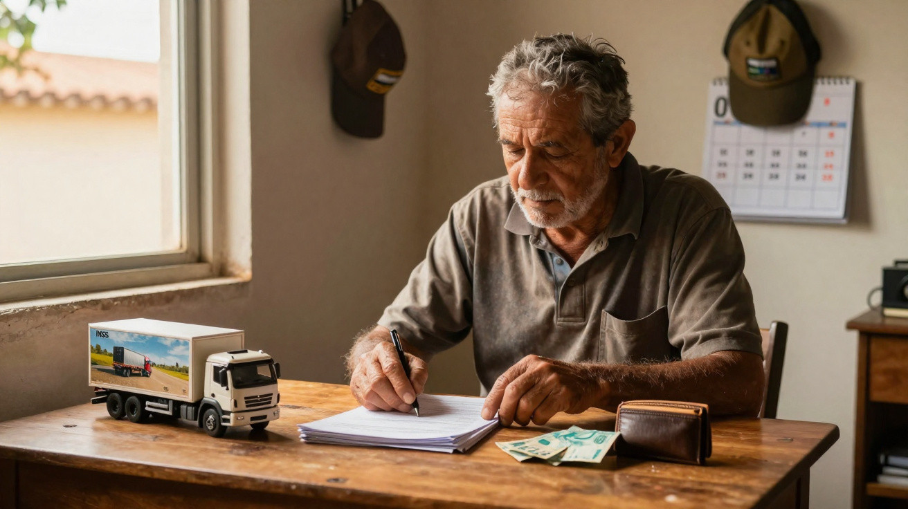 Homem idoso sentado à mesa, escrevendo em caderno com dinheiro, carteira e miniatura de caminhão à sua frente.