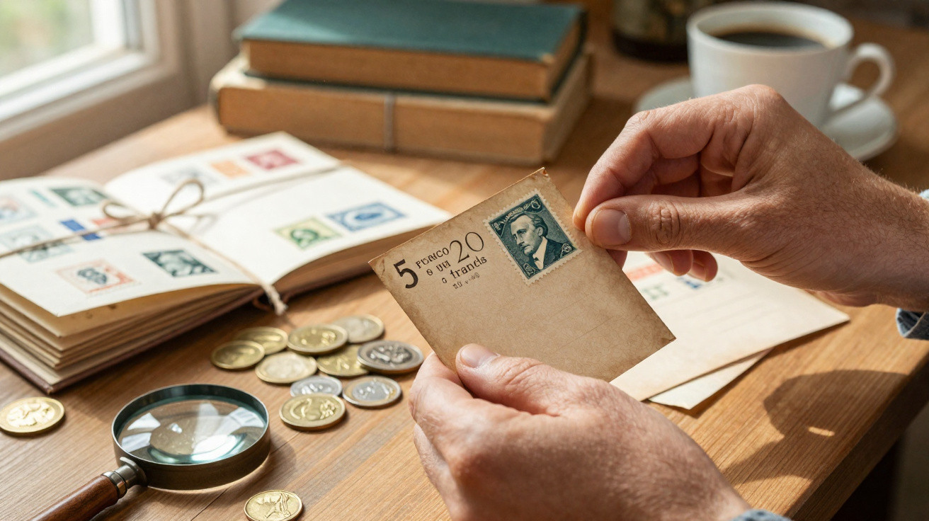 Mãos segurando envelope antigo com selo, ao lado de moedas, lupa, livros e xícara de café em mesa de madeira.