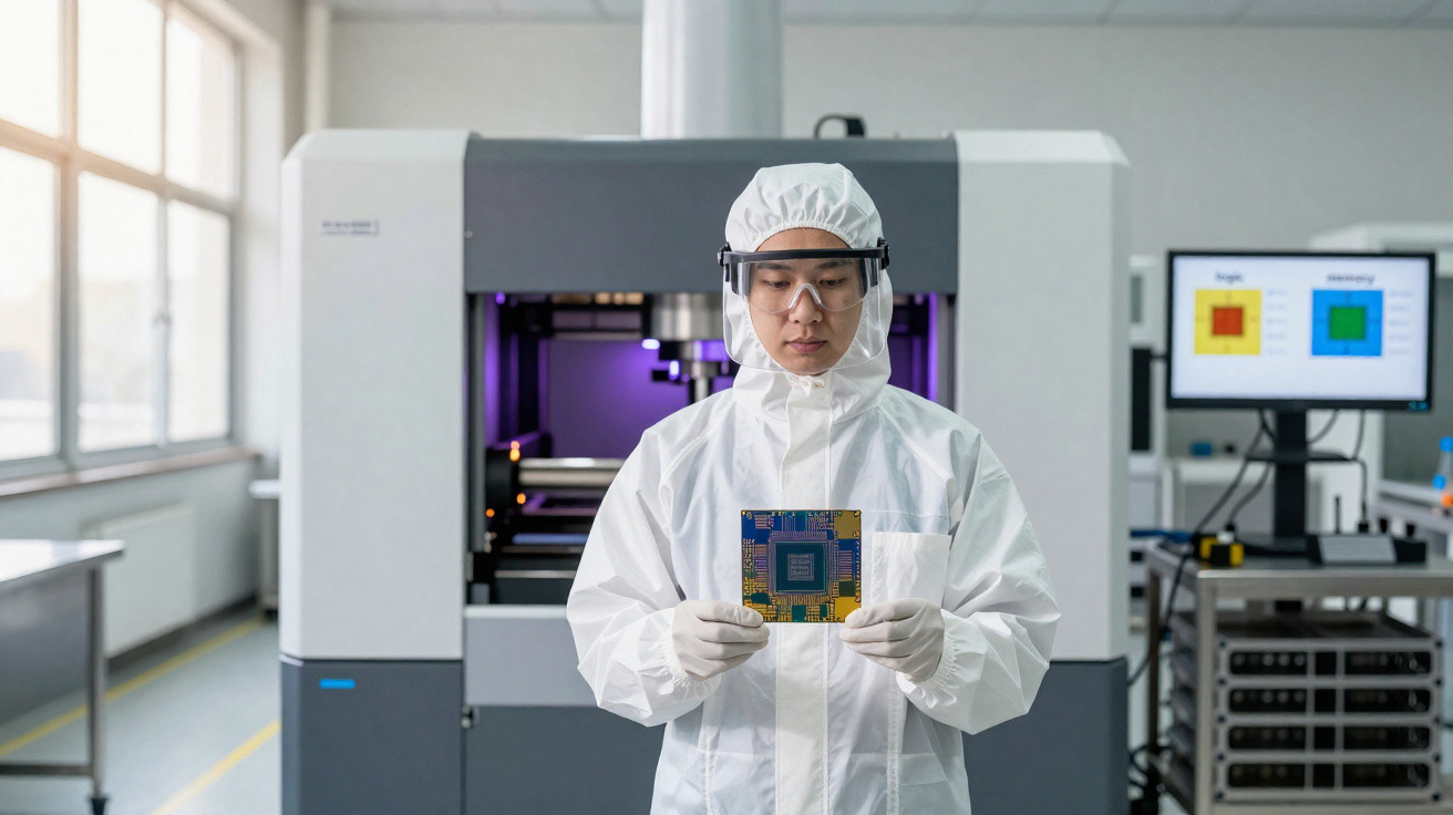 Técnico em traje de proteção segura chip eletrônico em laboratório tecnológico moderno.