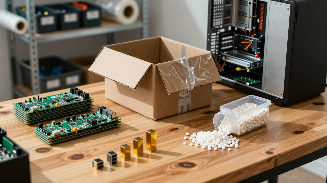 Mesa de madeira com placas eletrônicas, caixa de papelão aberta e componentes espalhados ao lado de computador aberto.