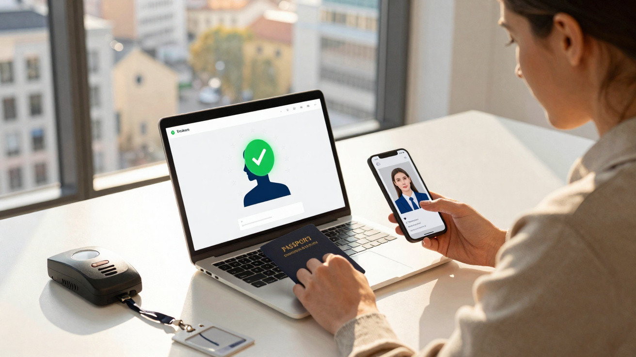 Pessoa usando laptop e celular para verificação de identidade com passaporte sobre a mesa.