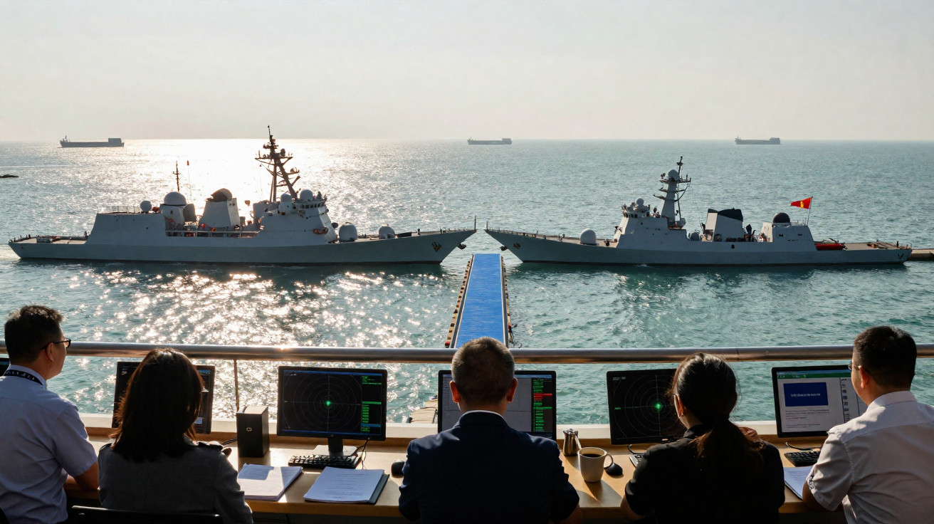 Cinco pessoas observam por monitores dois navios militares alinhados no mar em um dia ensolarado.