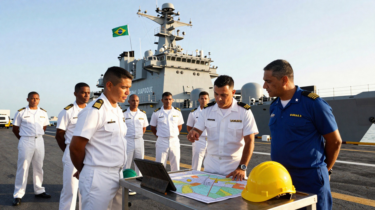 Militares da Marinha do Brasil revisam mapa sobre mesa em convés de navio de guerra com bandeira brasileira hasteada.