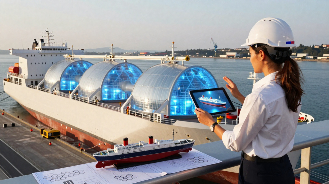 Engenheira com capacete usa tablet para analisar maquete de navio com tanques futuristas iluminados em porto.