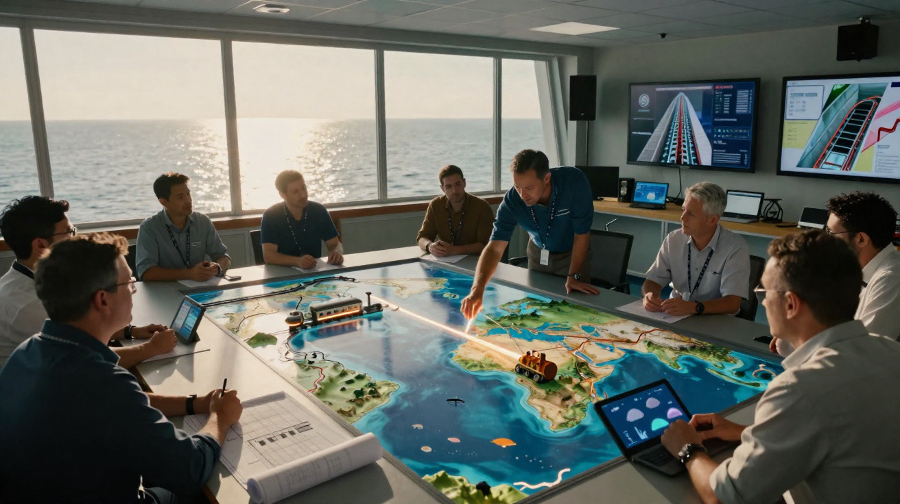 Equipe em reunião estratégica ao redor de mesa com mapa digital e vários dispositivos, com vista para o mar ao fundo.