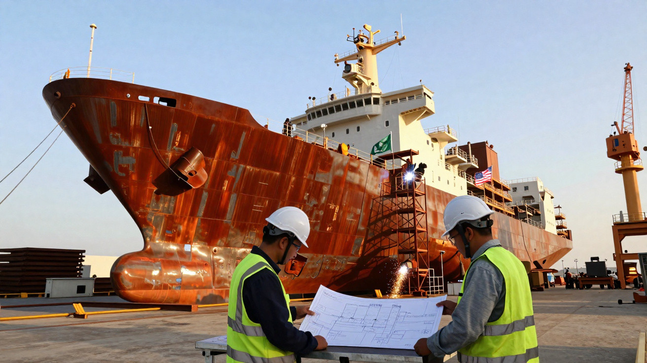 Dois homens com capacetes e coletes de segurança analisam plantas na doca com navio em construção ao fundo.