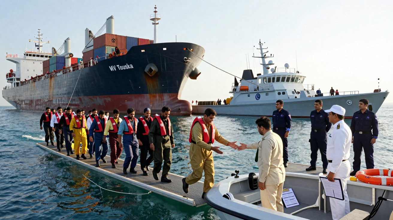 Tripulantes de navio em fila atravessando rampa para embarque em barco de patrulha marítima.