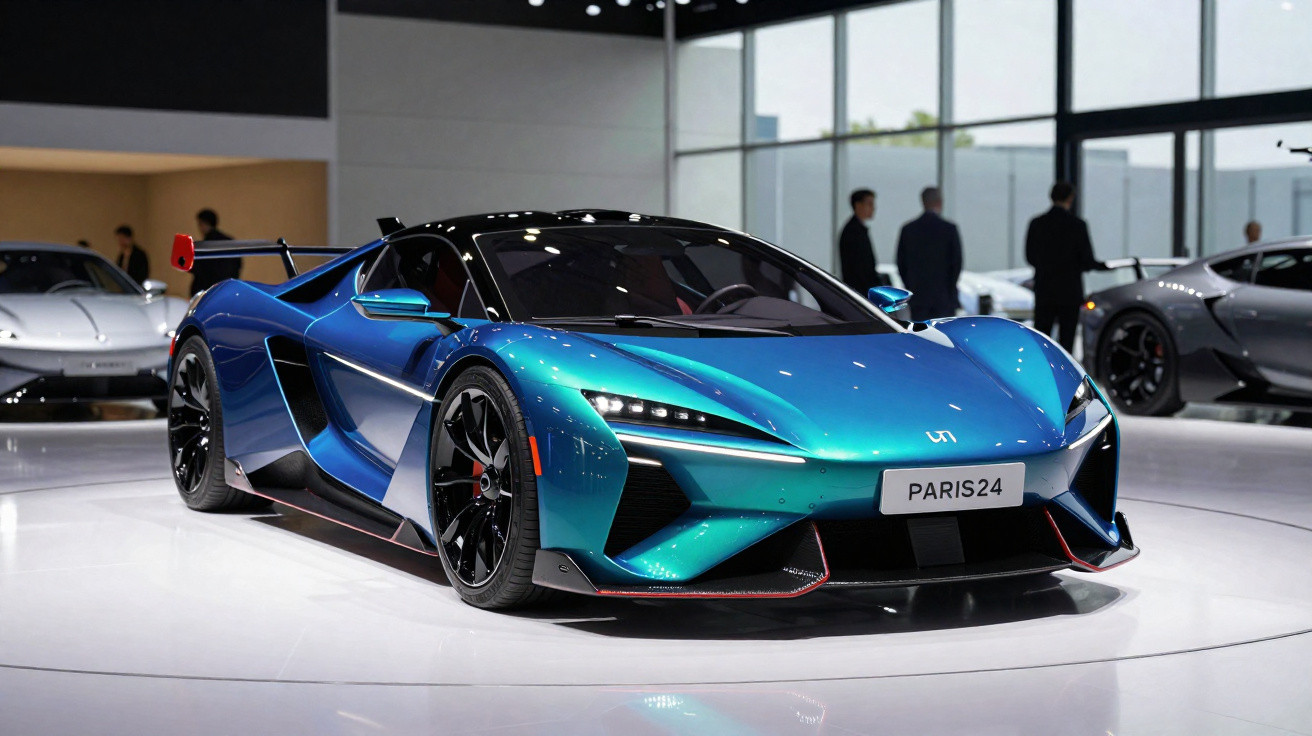 Carro esportivo azul metálico com design futurista em exposição, placa com texto PARIS24.