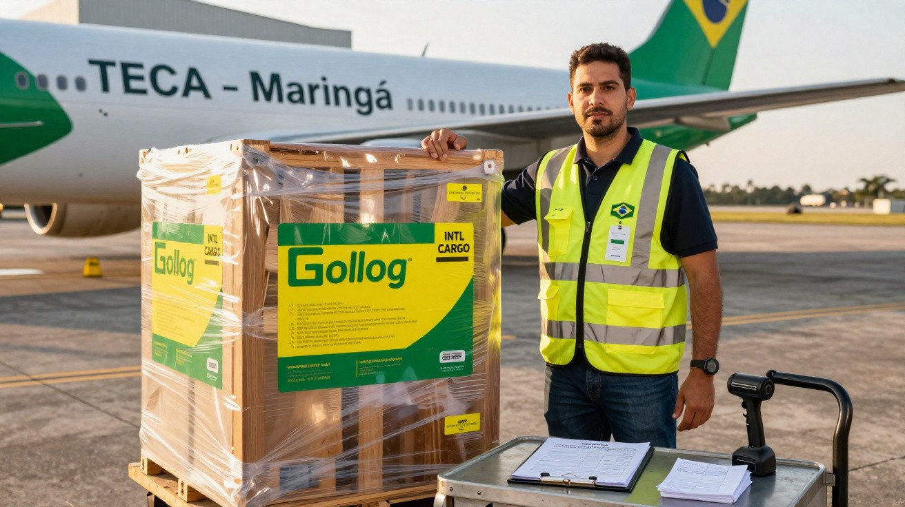 Homem com colete refletivo ao lado de carga Gollog em aeroporto com avião da TECA ao fundo.