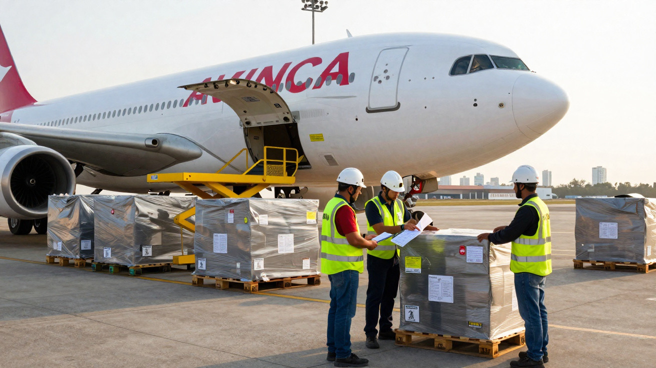 Três trabalhadores com coletes e capacetes conferem documentos ao lado de caixas embaladas no aeroporto próximo a avião.