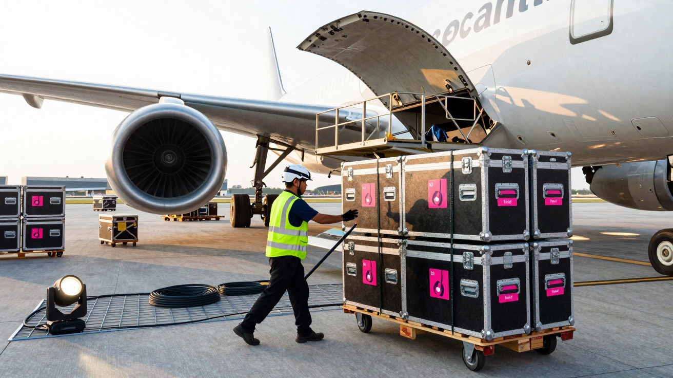 Funcionário com colete refletivo carregando caixas de equipamentos para carga de avião no aeroporto.
