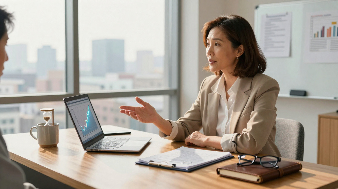 Mulher de negócios apresentando gráfico de crescimento em laptop durante reunião em escritório iluminado.