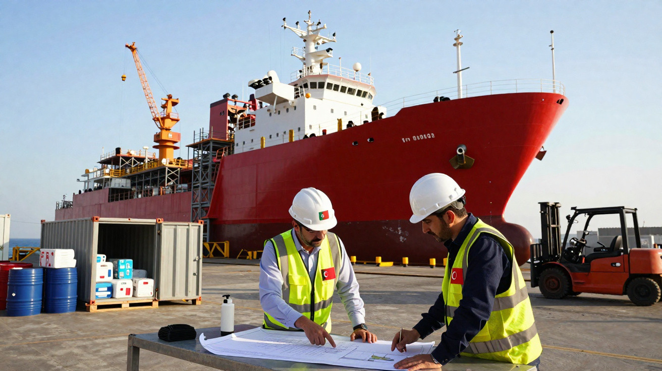 Dois trabalhadores com capacetes e coletes revisando plantas em mesa no porto com navio vermelho ao fundo.