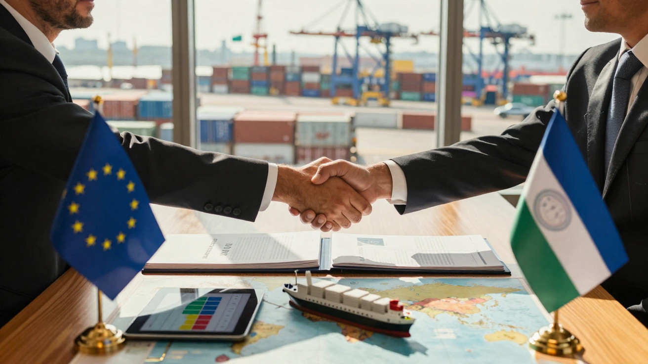 Duas pessoas de terno apertando as mãos sobre mesa com mapa, miniatura de navio e bandeiras da UE e Belize.