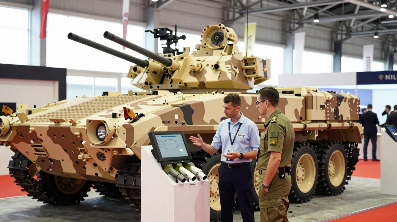 Veículo blindado militar camuflado em exposição, com duas pessoas discutindo ao lado de uma tela interativa.