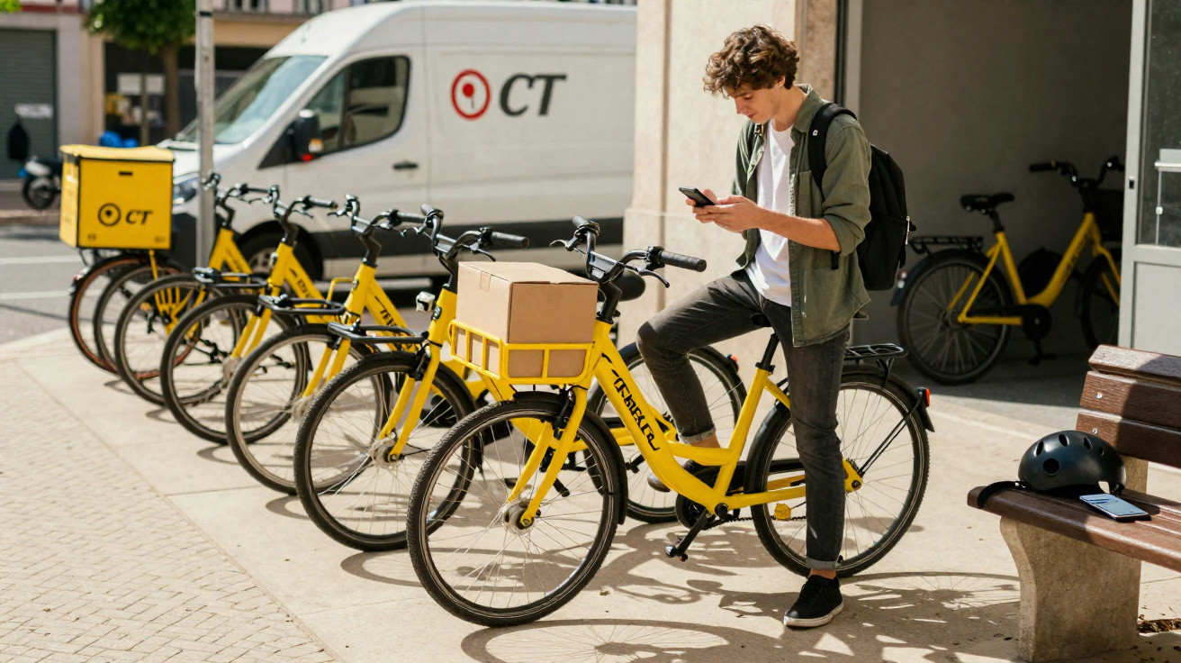 Jovem conferindo celular ao lado de bicicleta amarela de entrega com caixa em fila de bicicletas semelhantes.
