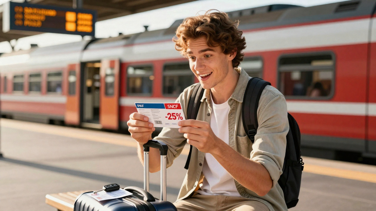 Jovem sorridente segurando bilhete de trem com desconto de 25% na estação ferroviária.