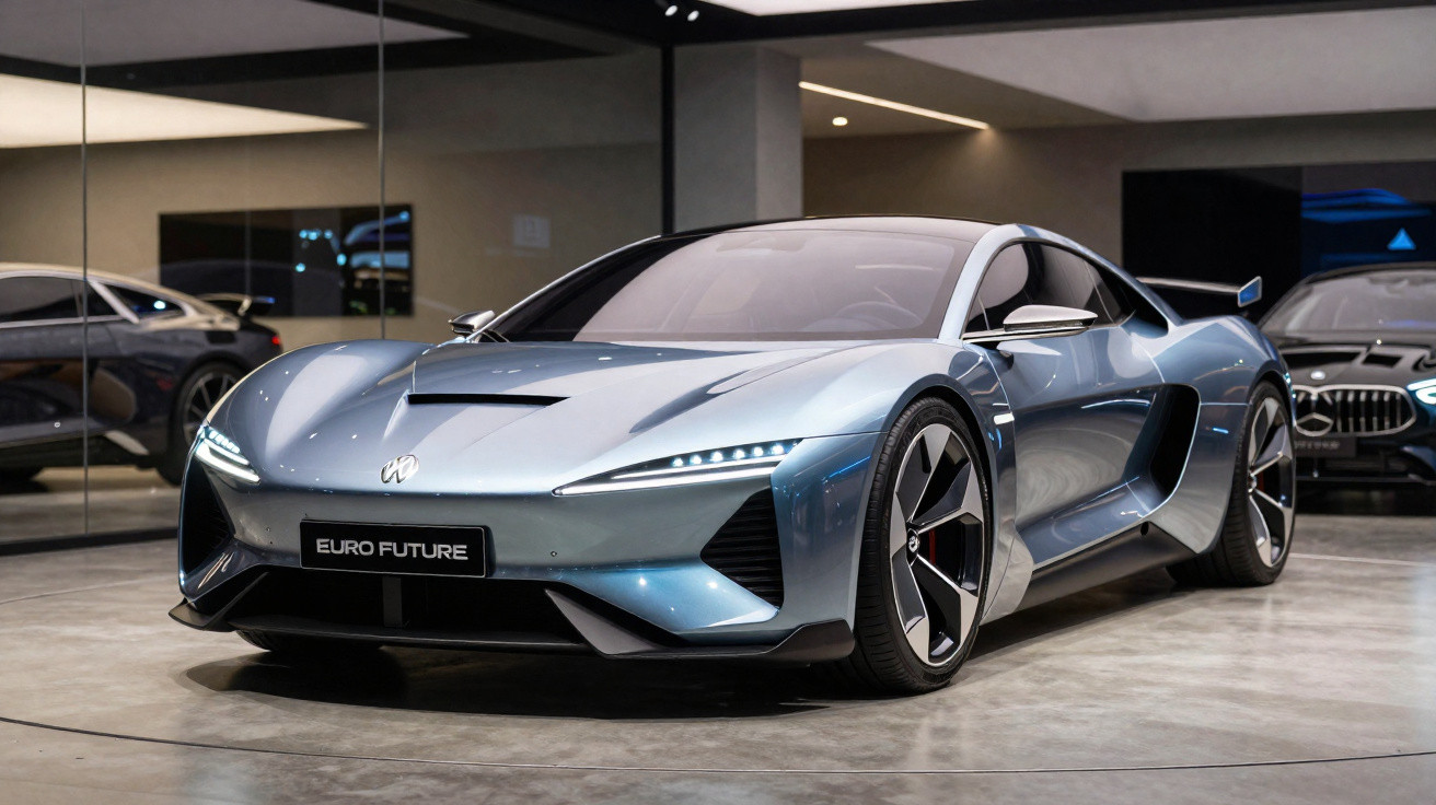 Carro esportivo elétrico prateado em exibição em ambiente moderno com iluminação interna.