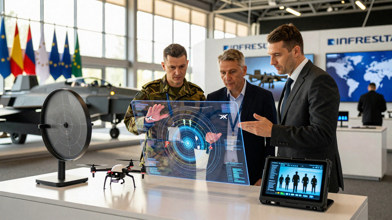Três homens analisando tecnologia militar com drone, tela holográfica e equipamentos sofisticados em exposição.
