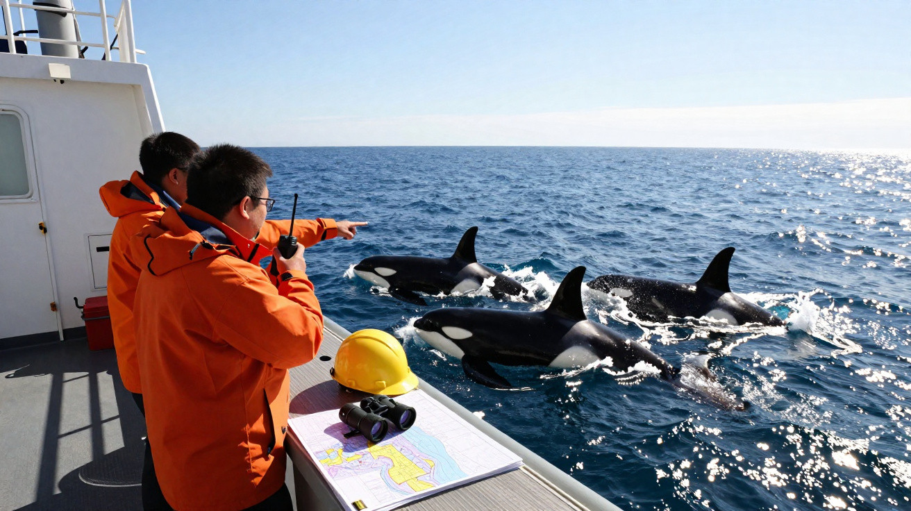 Dois homens com jaquetas laranja observam e apontam para três orcas nadando próximas a um barco no oceano.