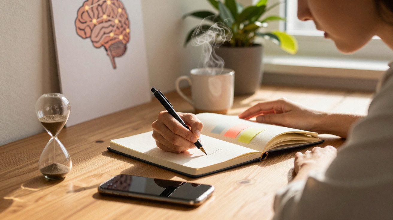 Pessoa escrevendo em caderno com smartphone, ampulheta, xícara e planta ao fundo em mesa de madeira.