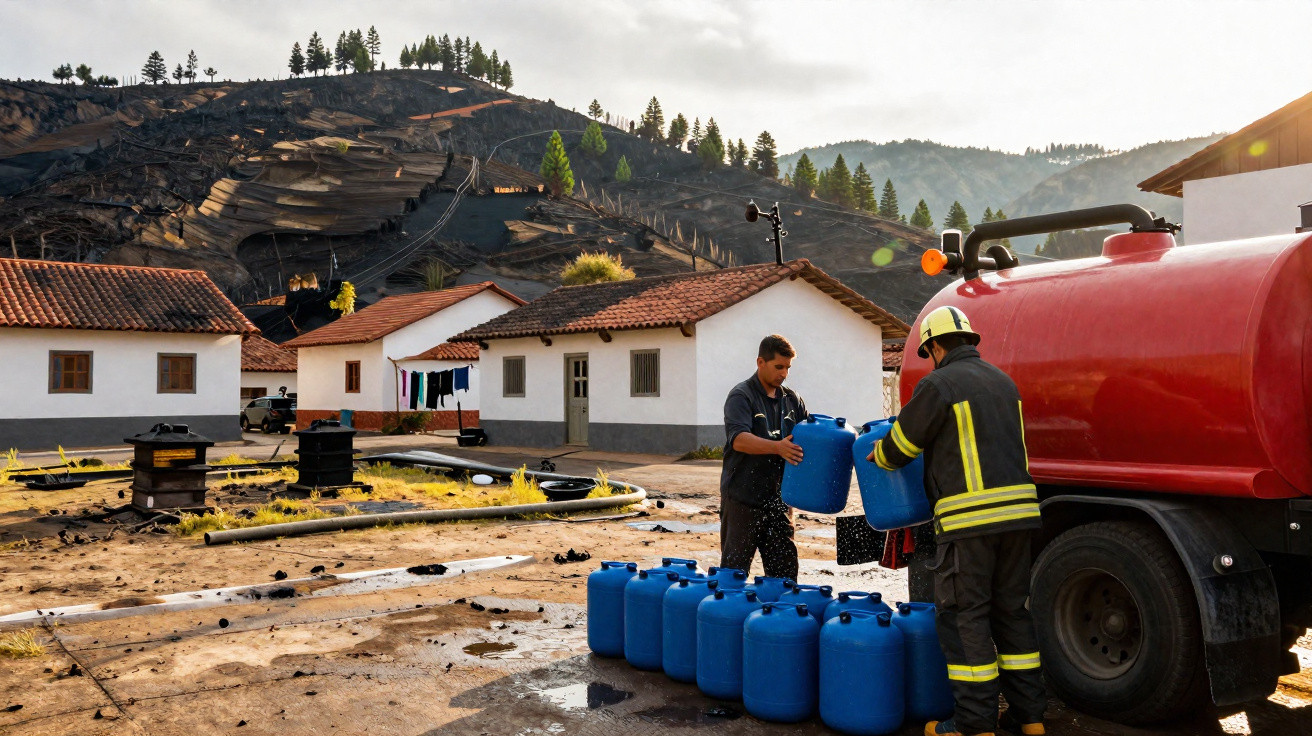 Homem e bombeiro passam galões azuis em área afetada por incêndio perto de casas brancas e morro queimado.