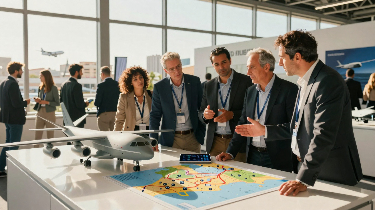 Grupo de profissionais discutindo projeto de avião com maquete e mapa em mesa no salão de eventos.