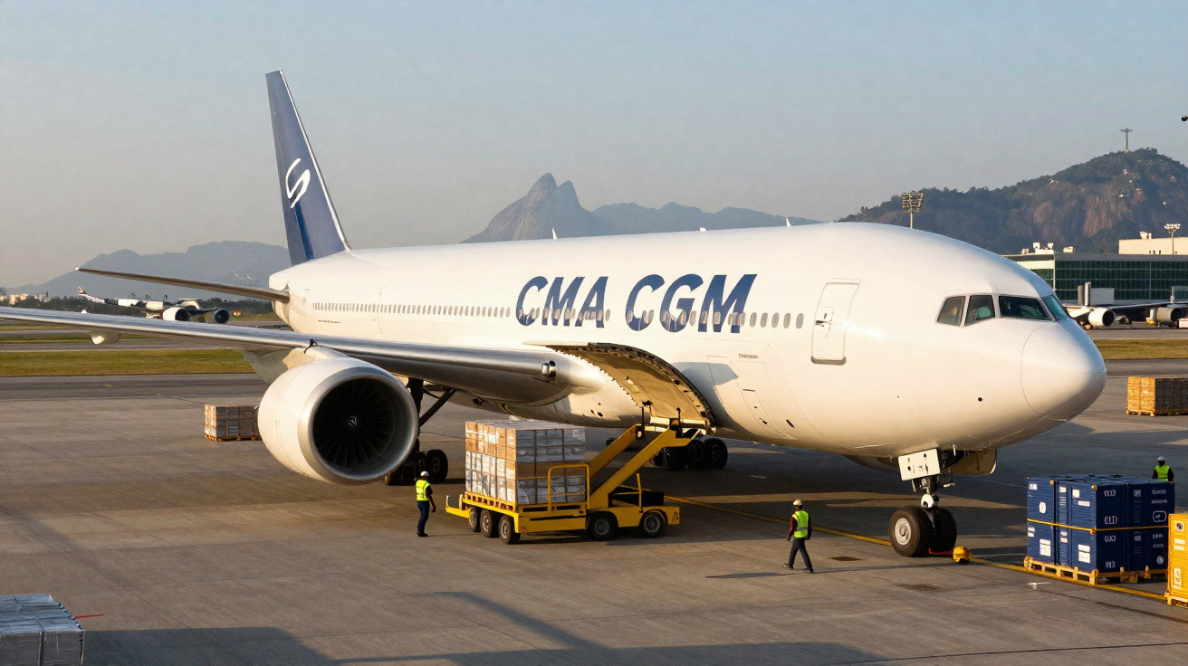 Avião cargueiro CMA CGM sendo carregado com caixas no aeroporto ao entardecer no Rio de Janeiro.