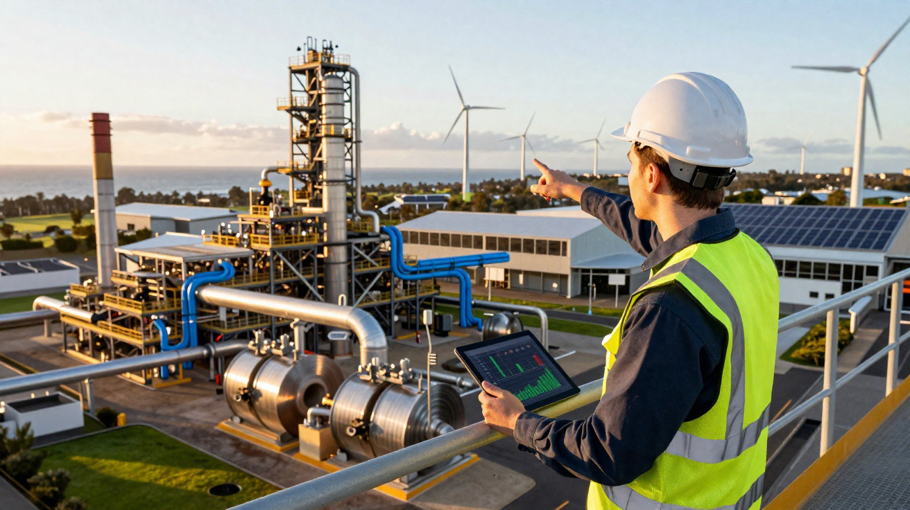 Engenheiro com capacete e colete observa usina industrial e aponta para turbinas eólicas ao fundo.
