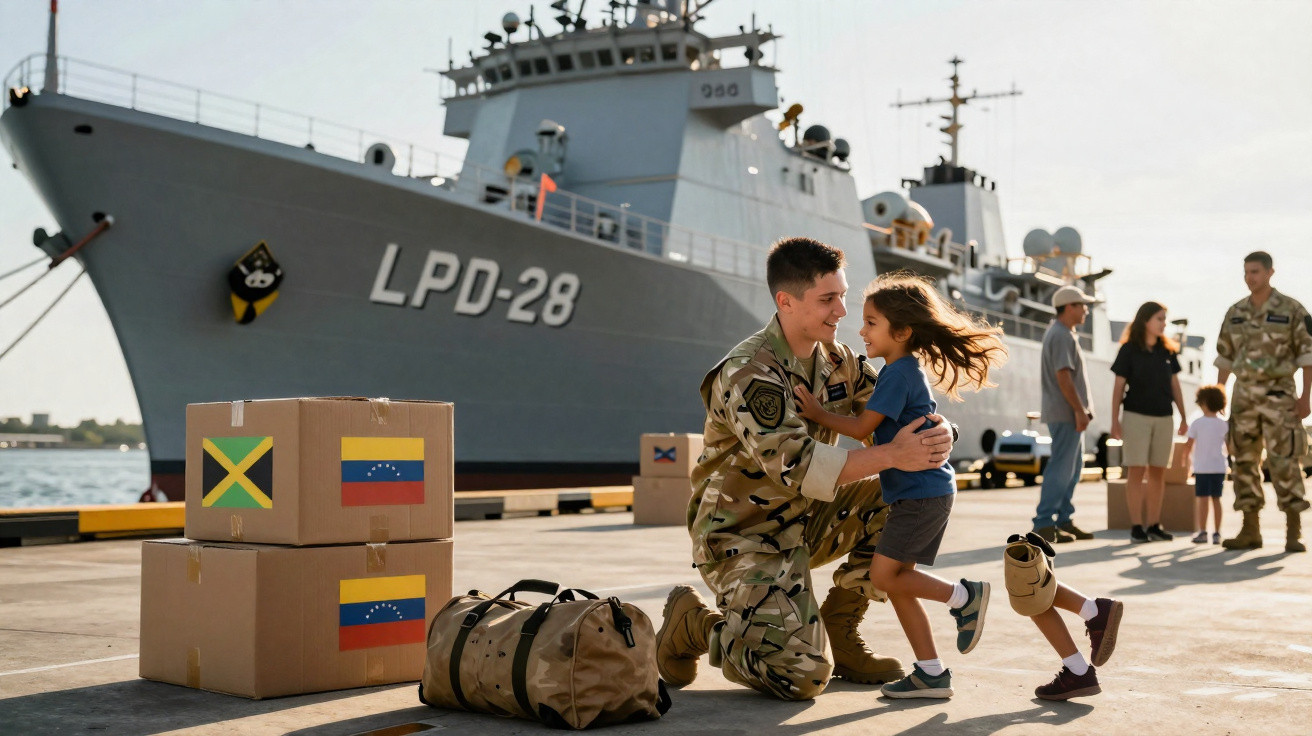 Soldado abraça criança em porto próximo a navio militar com caixas de ajuda humanitária.