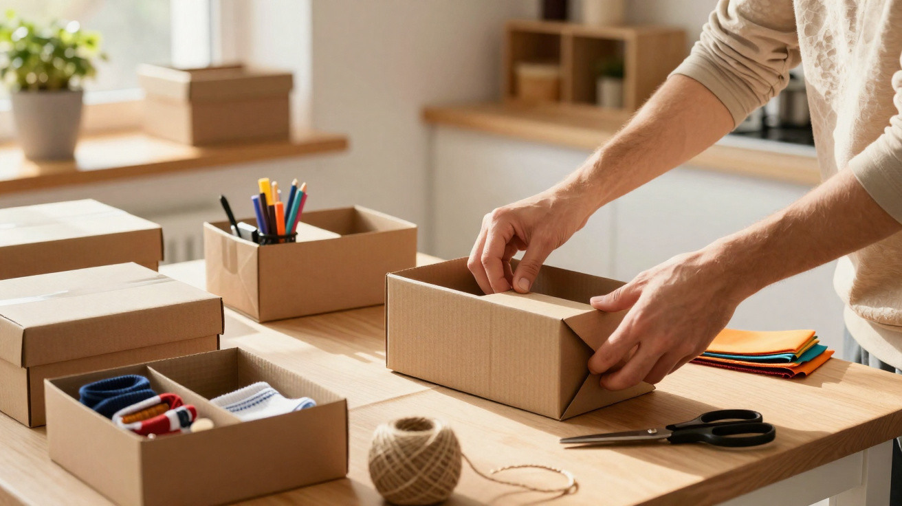 Pessoa organizando caixas de papelão em mesa com itens como tesoura, linha e canetas coloridas.