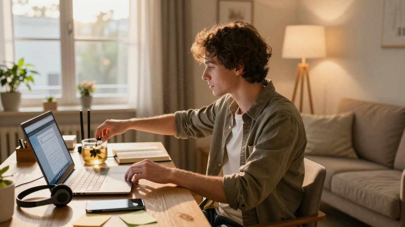 Jovem sentado em mesa de madeira mexendo em chá enquanto usa notebook em ambiente doméstico iluminado.