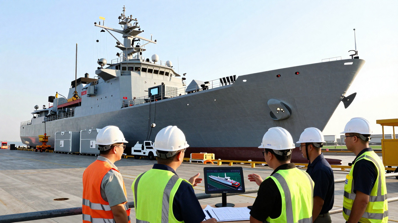 Cinco trabalhadores com coletes e capacetes observam navio militar cinza atracado no cais, com computador exibindo imagem da 