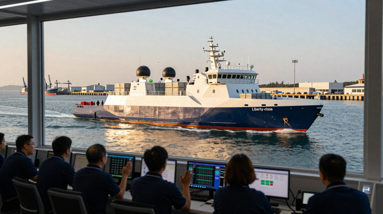 Equipe de operadores monitora navio Liberty-class em porto ao entardecer.