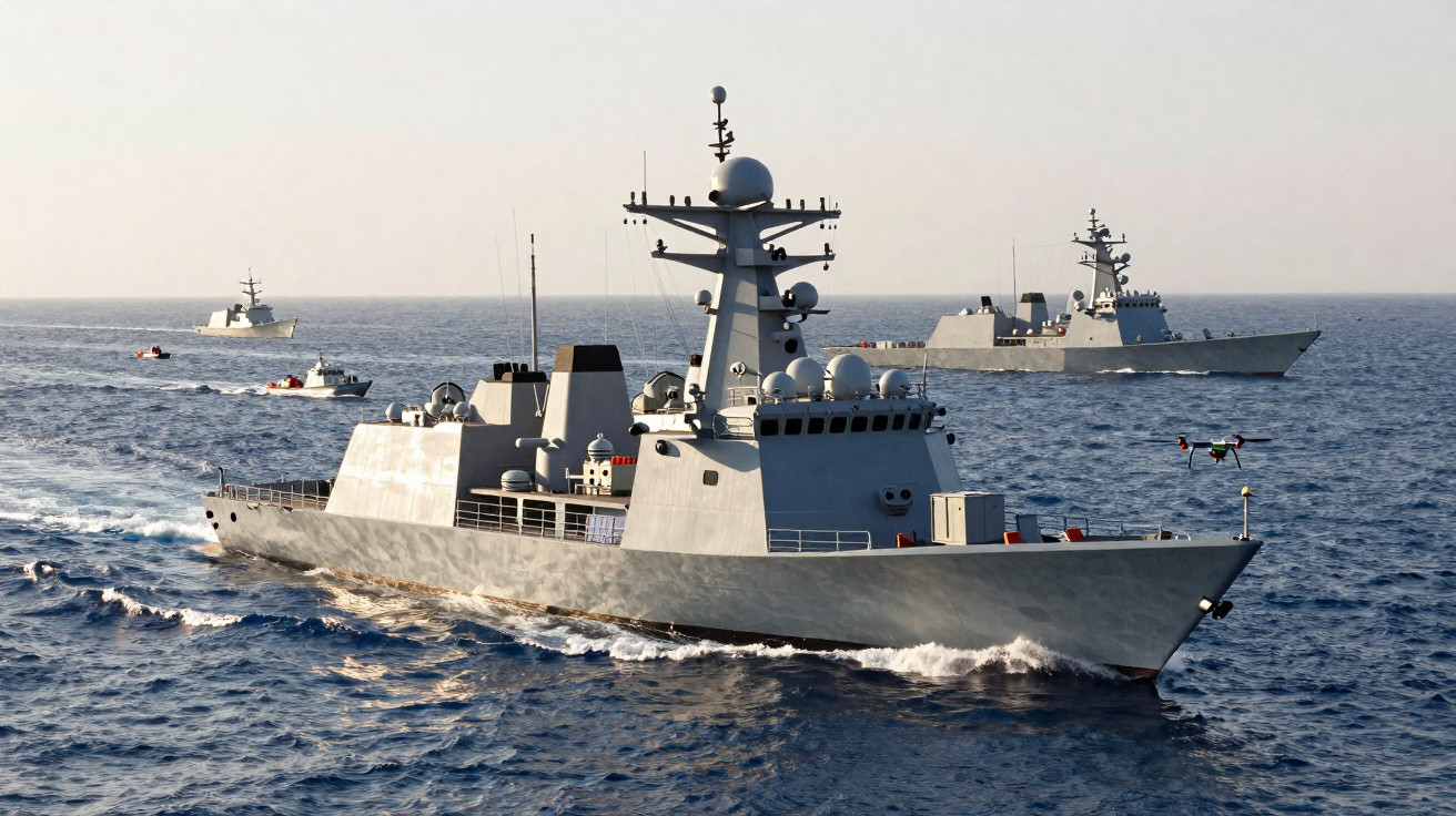 Fragatas militares em formação navegando em mar aberto sob céu claro.