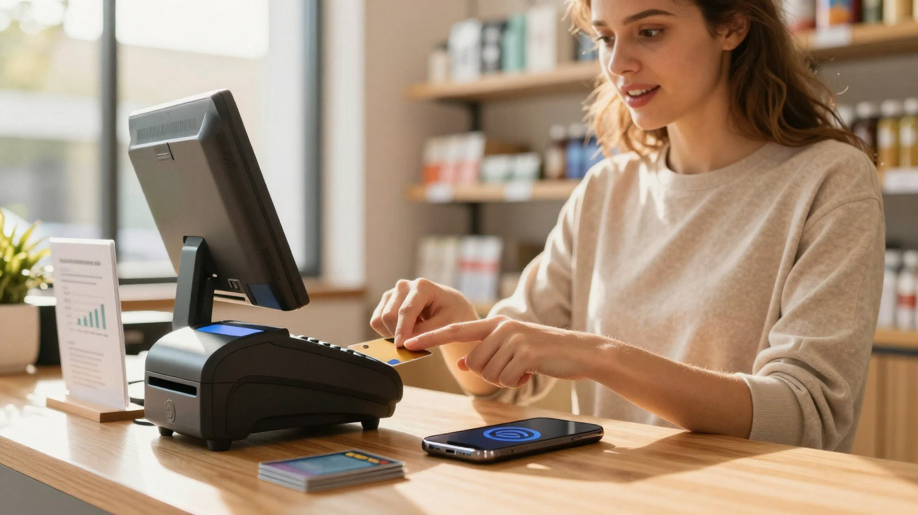 Mulher pagando com cartão em maquininha digital em loja com celular e prateleiras ao fundo.
