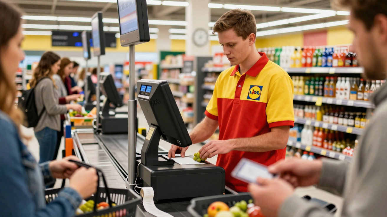 Caixa uniformizado registrando compras no caixa de supermercado com clientes aguardando na fila.