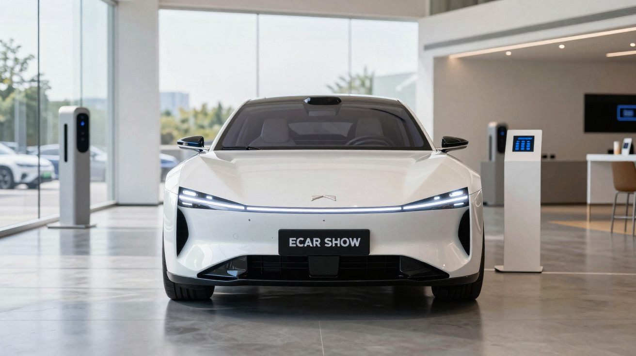 Carro elétrico branco moderno exibido em salão com iluminação natural e pontos de carregamento ao fundo.