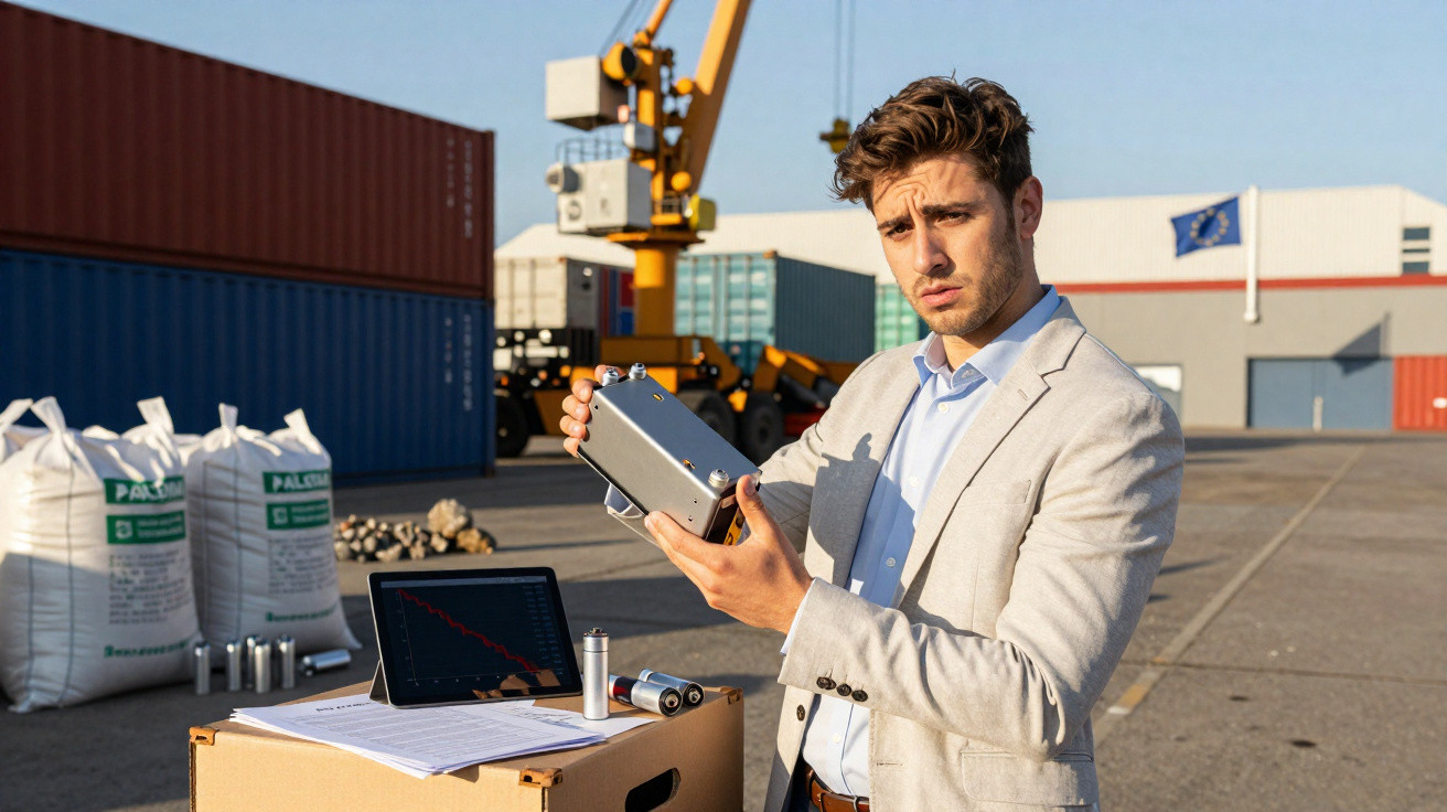 Homem com terno verifica bateria portátil em área industrial com containers e máquina de carga ao fundo.
