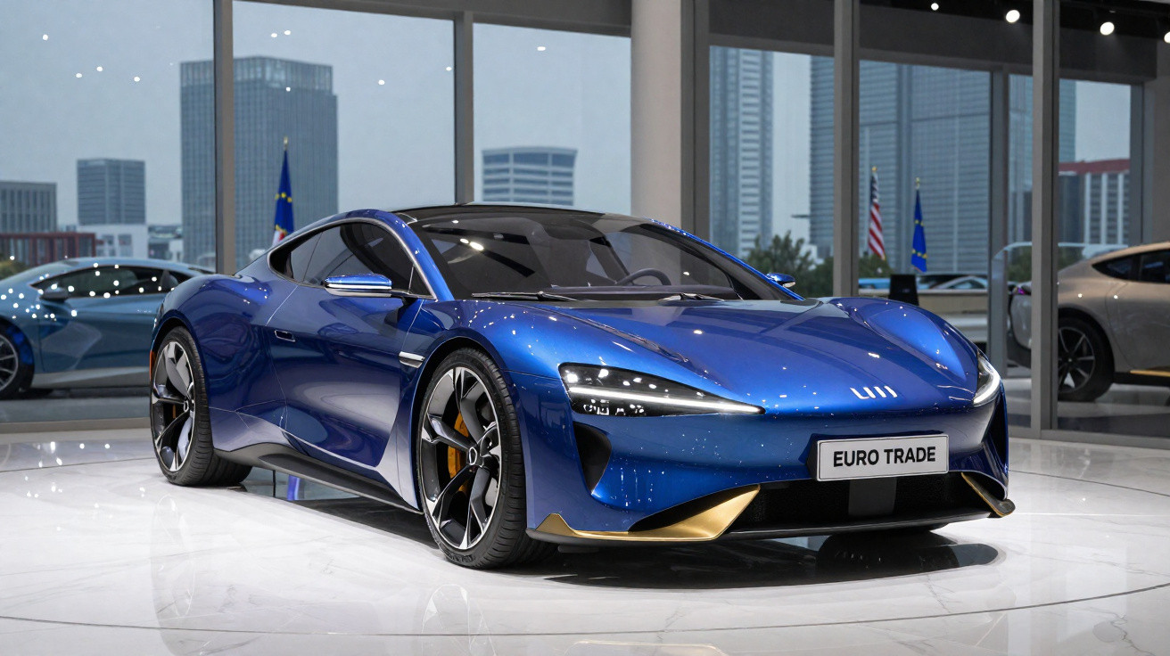 Carro esportivo azul elétrico exposto em showroom com janelas grandes e vista para prédios urbanos.