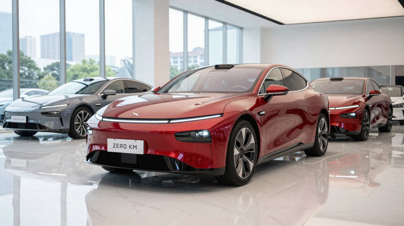 Carros elétricos modernos exibidos em showroom com piso branco e grandes janelas de vidro.