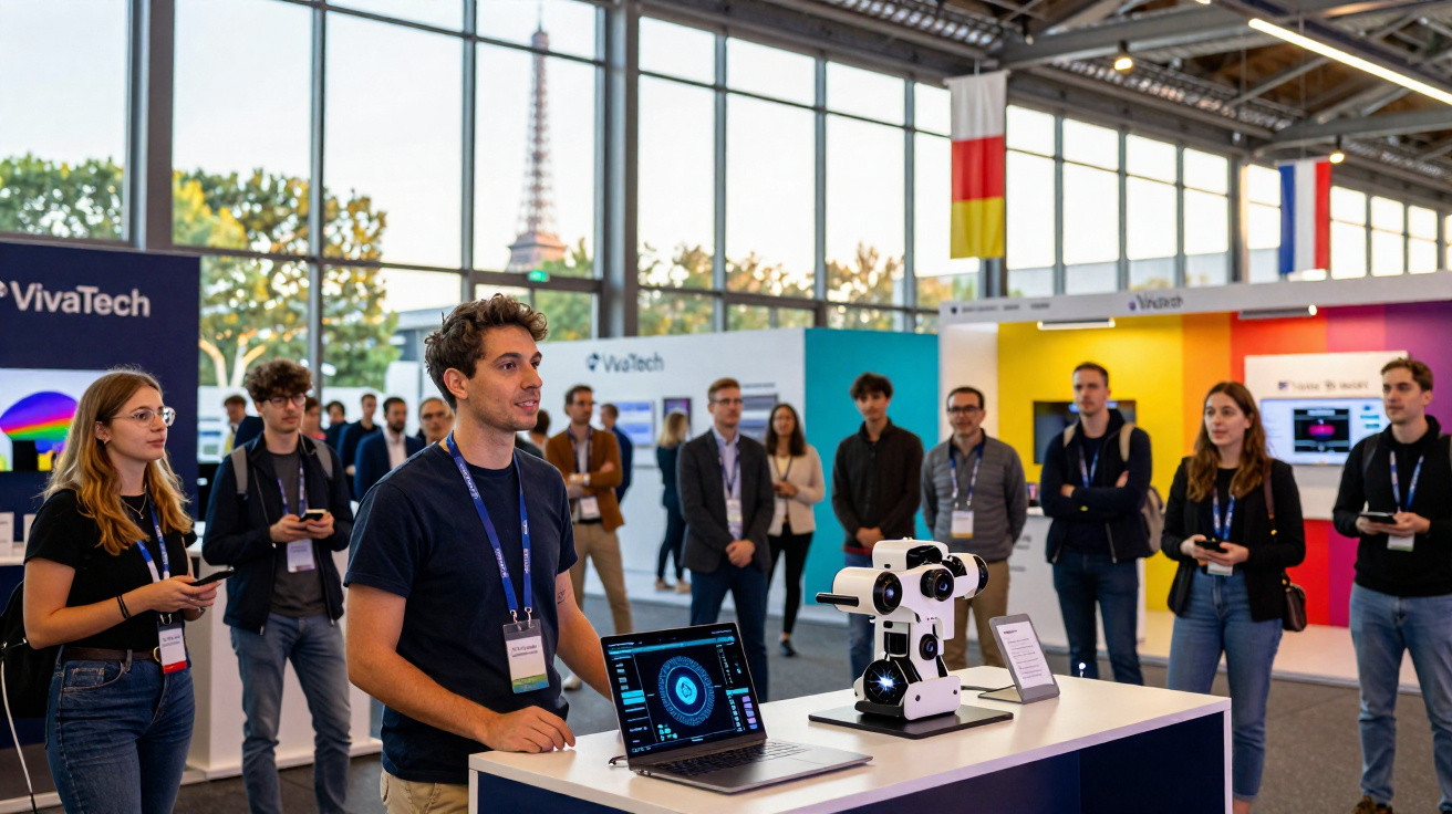 Pessoas assistindo a apresentação de tecnologia em evento VivaTech com a Torre Eiffel ao fundo.
