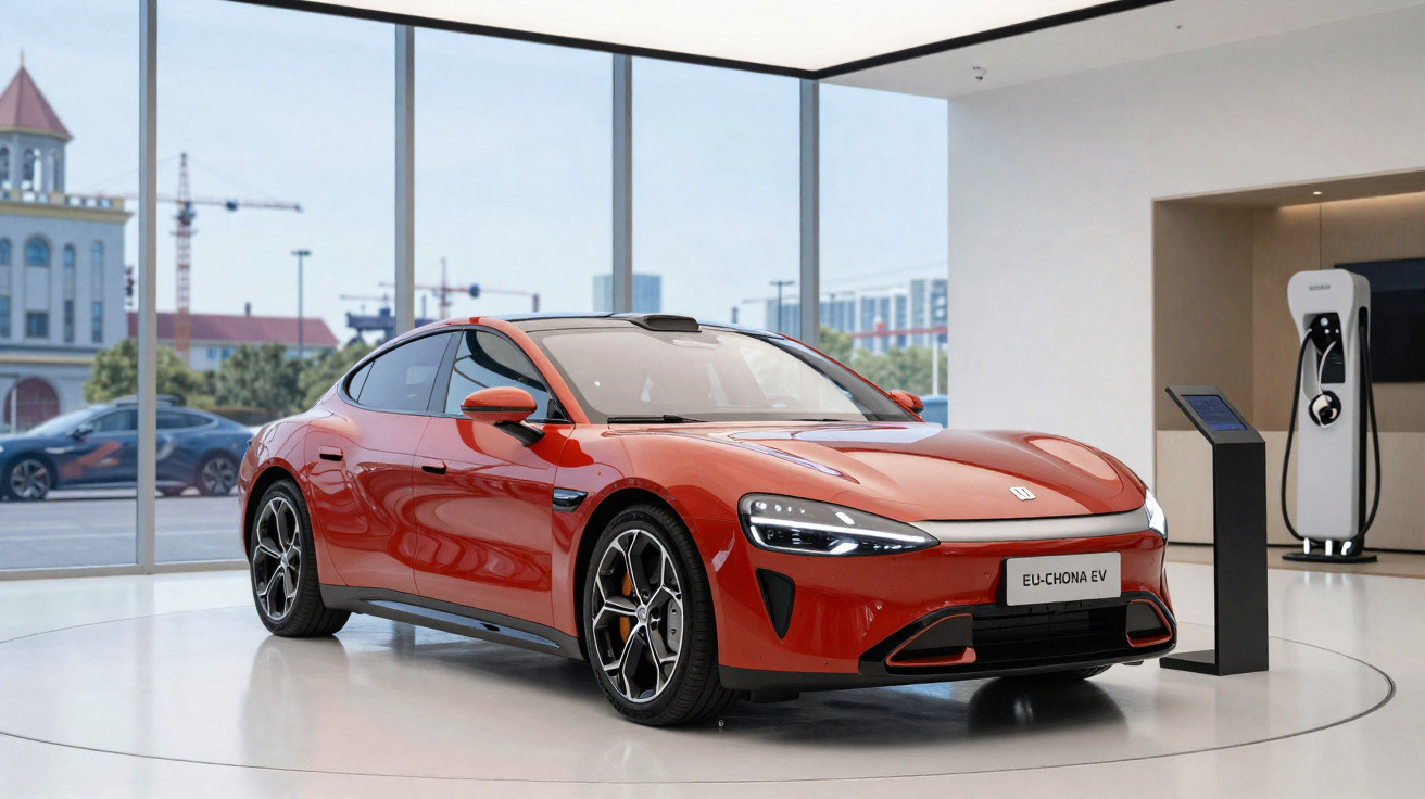 Carro elétrico esportivo vermelho exibido em showroom moderno com carregador ao fundo.