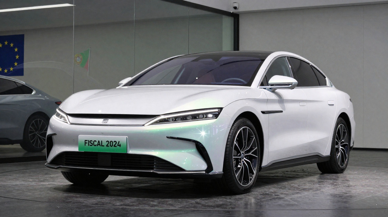 Carro elétrico branco moderno em exposição, com placa verde escrito "FISCAL 2024" em ambiente interno.